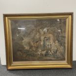 A large gilt framed 18thC coloured print by George Morland entitled "Evening or the sportsmans