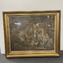 A large gilt framed 18thC coloured print by George Morland entitled "Evening or the sportsmans