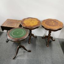 A pair of inlaid mahogany side tables, H. 61cm Dia. 54cm together with two further leather topped