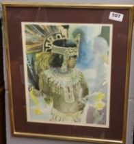 An interesting framed watercolour of a South American tribal figure, initialled and dated 1984,