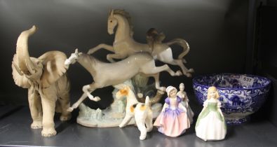 A Lladro figure of two horses (one foreleg A/F). Together with a Beswick dog, three small Royal