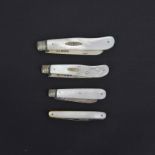 Four mother-of-pearl finished fruit/pen knives (three with silver blade) Longest. 7.5cm.