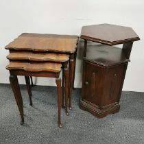 A 1970's hexagonal mahogany side table, H. 70cm together with an early 20thC mahogany nest of