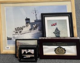 A framed print of the SS Uganda arriving at Tilbury 1976, together with related items previously