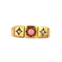 A hallmarked 15ct yellow gold coral and diamond set ring, (L.5).