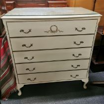A mid 20thC French style cream finished chest of drawers with plate glass top, 85 x 80 x 50cm.