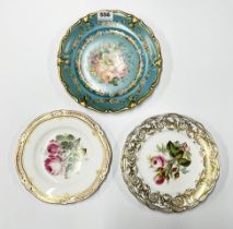 A group of three hand painted porcelain cabinet plates, largest. 26cm.