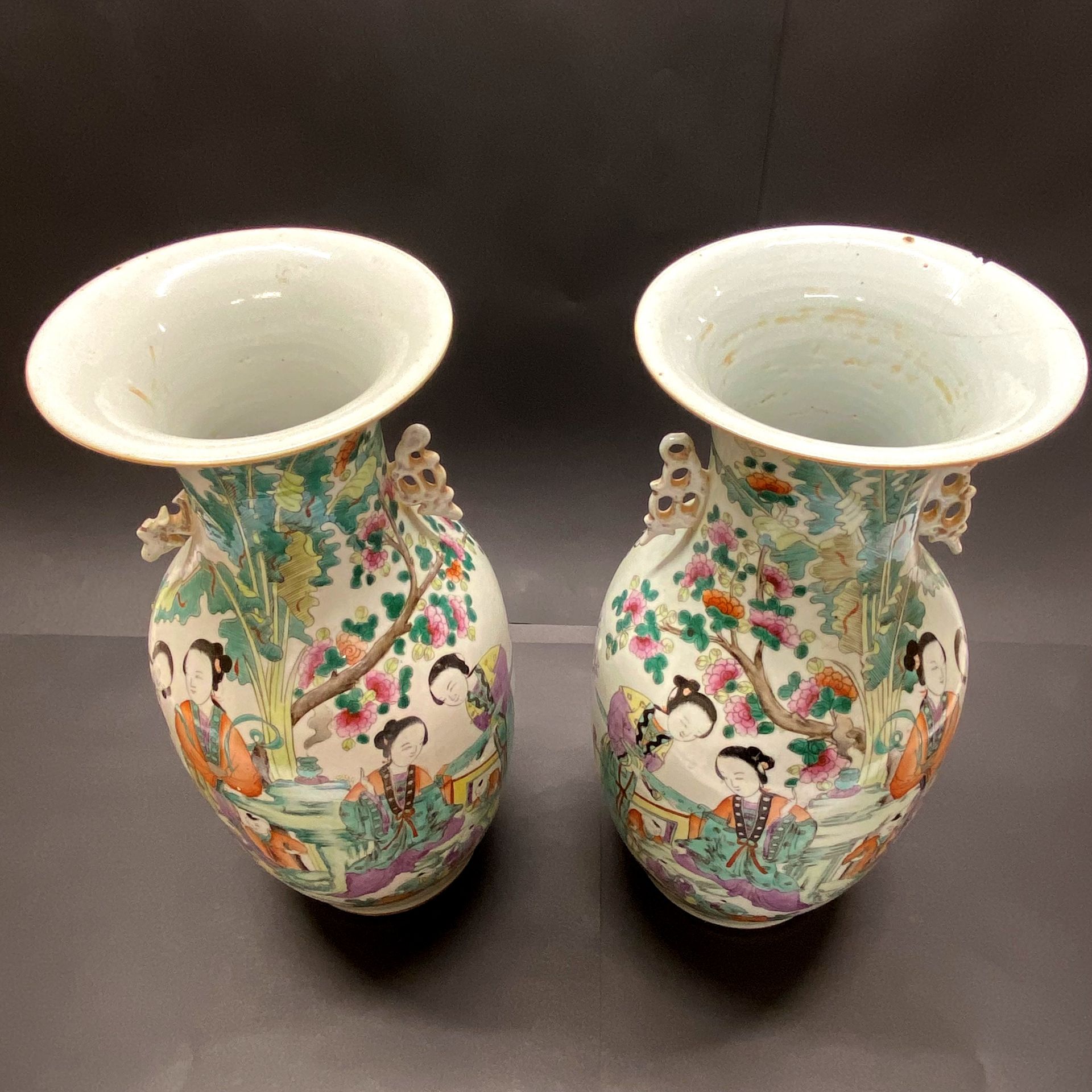 A pair of 19th/early 20thC Chinese hand painted porcelain vases. H. 43cm. (One repaired to rim) - Image 2 of 5