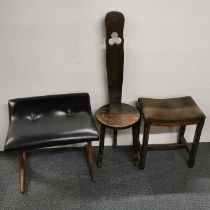 A mid 20thC faux leather and teak stool, together with an oak high back, three legged chair and a