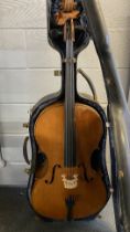 A cased cello, label inside reads Charles Johnson maker 1913.