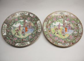A pair of large Chinese Canton enamelled porcelain chargers, Dia. 45cm.