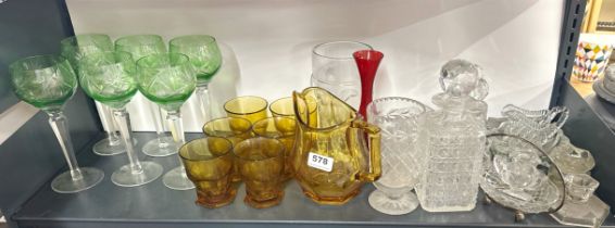 A set of six bohemian hock glasses and other glass items.