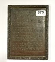 A bronzed metal plaque c.1910 of a poem by Longfellow, S. 16cm x 21cm.