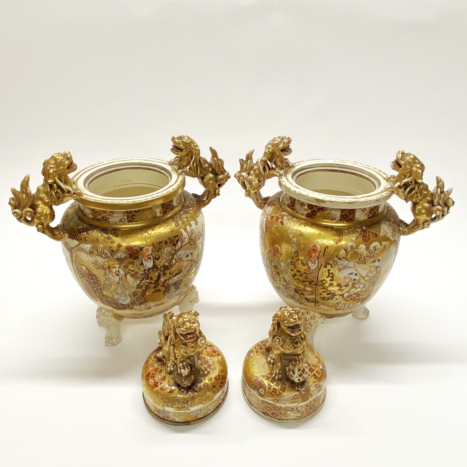 A pair of 19thC Japanese gilt porcelain koros. H. 39cm (repair to one lid) - Image 3 of 4