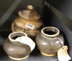 An early pottery container, W. 17cm (probably Neolithic) together with two glazed pottery jars.
