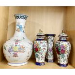 A 19thC Chinese porcelain garniture together with a large 19thC Chinese porcelain vase (exstensively