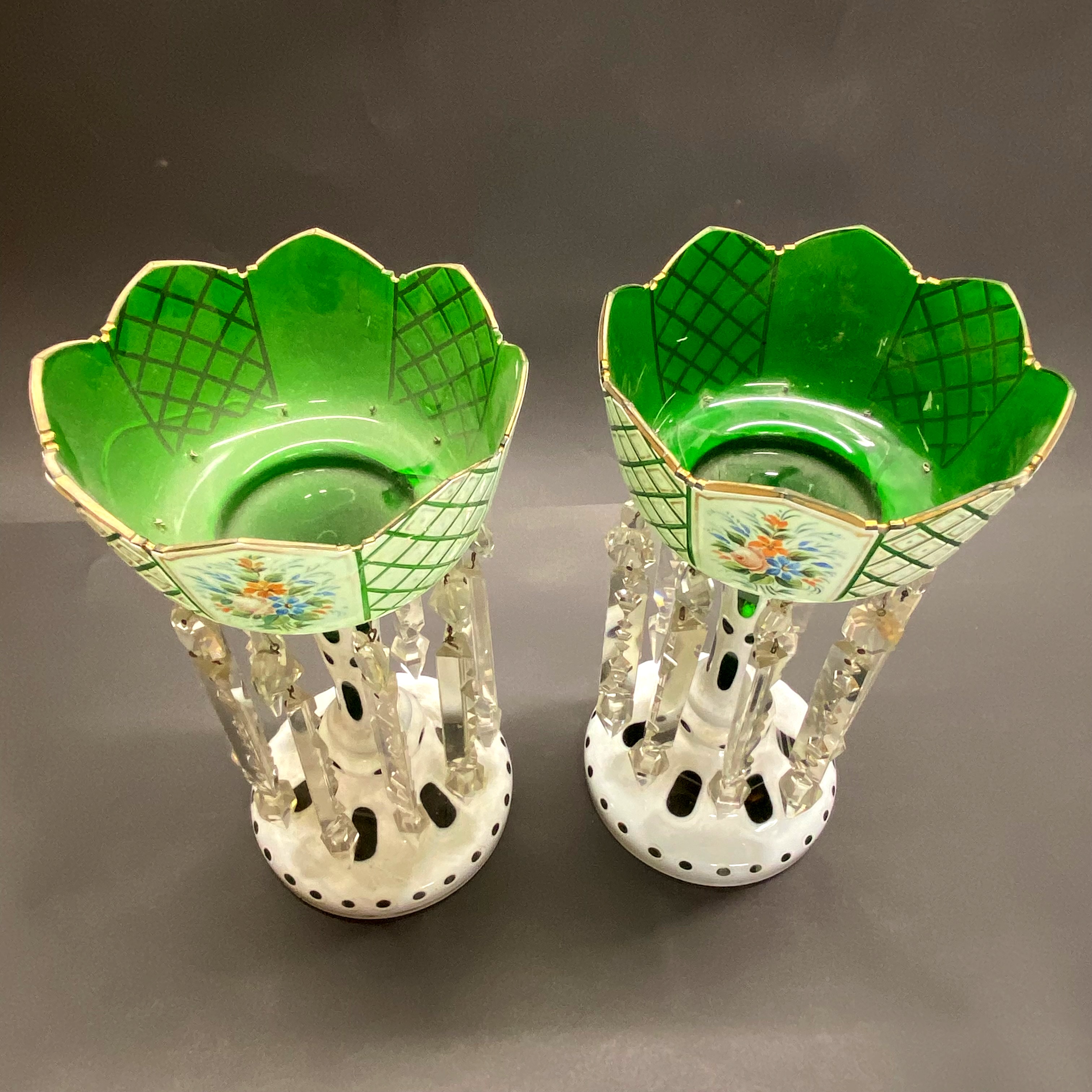 A pair of 19thC Bohemian glass lusters H. 33cm. (Some repair) - Image 3 of 4
