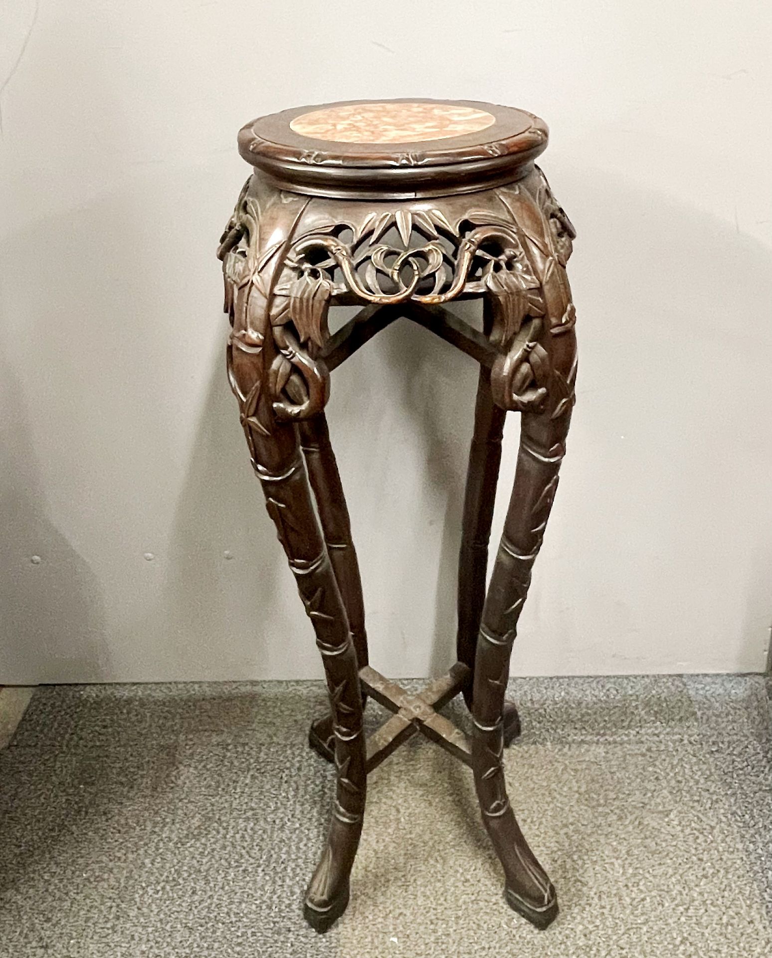 A Chinese carved hardwood and marble plant stand H. 92cm