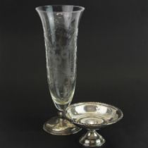 An etched glass vase with sterling silver base H. 29cm and sterling silver bowl
