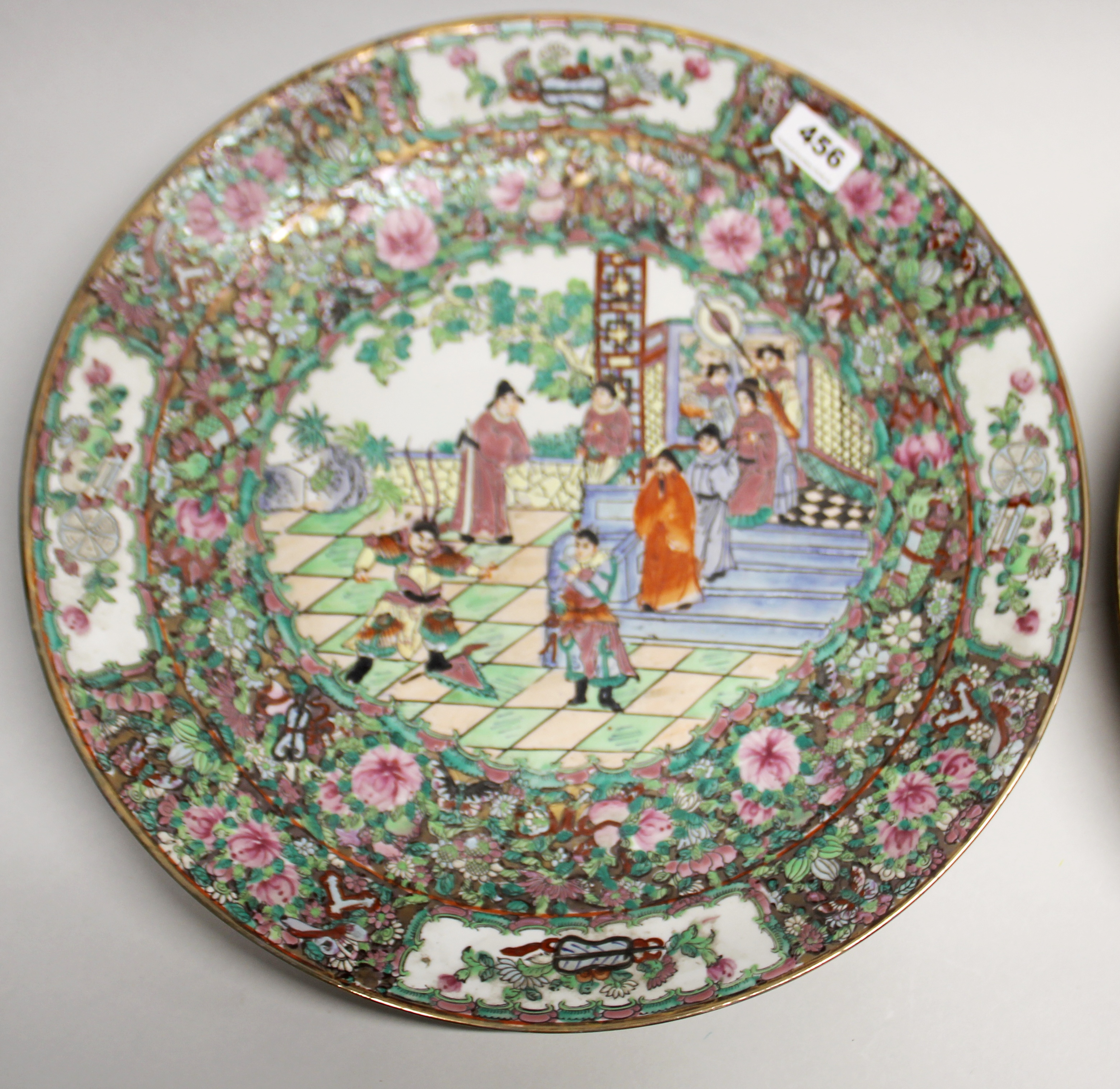 A pair of large Chinese Canton enamelled porcelain chargers, Dia. 45cm. - Image 3 of 4