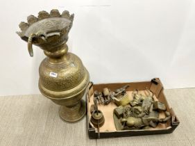 A large antique Eastern hammered brass urn, H. 72cm, together with a box of mixed brassware.