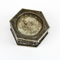 A Chinese white metal hexagonal box, W. 5cm x Depth. 2cm.