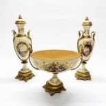 A continental brass mounted porcelain garniture Tallest H. 46cm