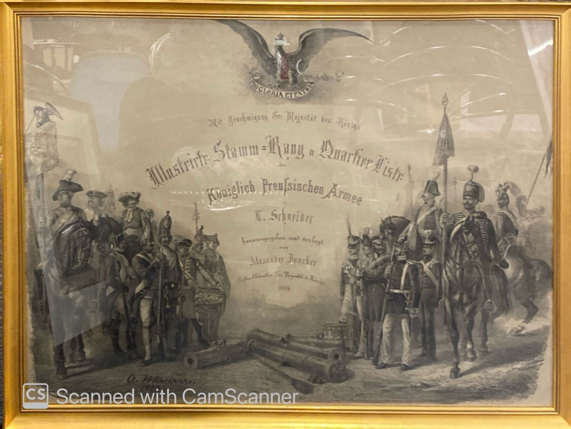 A 19thC gilt framed and glazed engraving of the Royal Prussian army dated 1854 by Alexander Duncker,