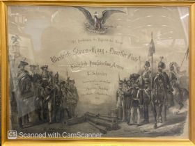 A 19thC gilt framed and glazed engraving of the Royal Prussian army dated 1854 by Alexander Duncker,