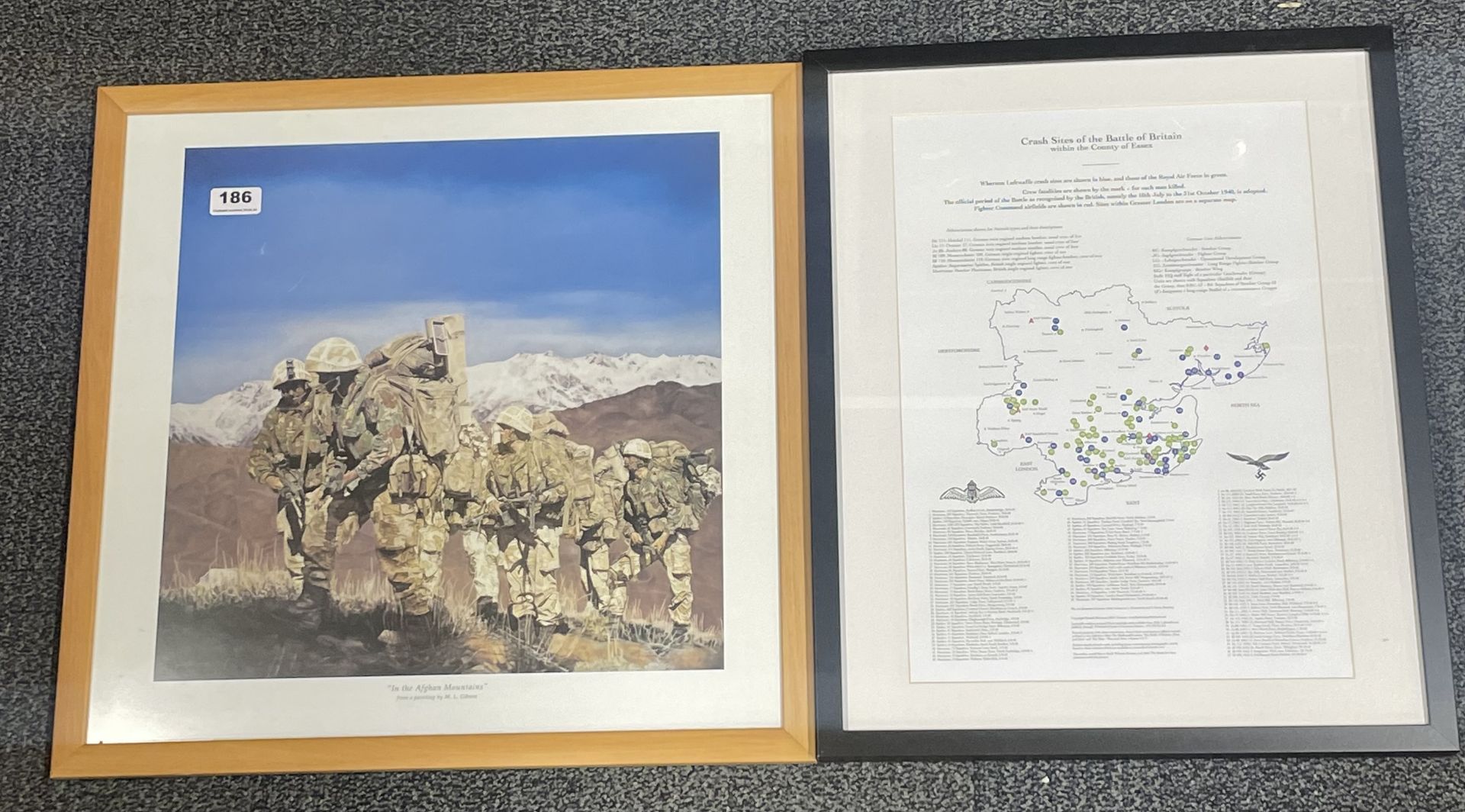 A framed military print "In the Afghan mountains" frame size. 54cm x 53cm. Together with a battle of