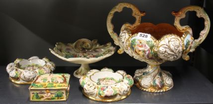 A group of five hand painted Capodimonte items, basket H. 27cm.
