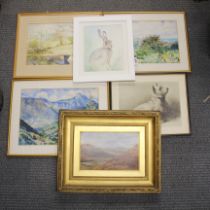 A group of framed watercolours, prints and an oil, largest. 38cm x 49cm.