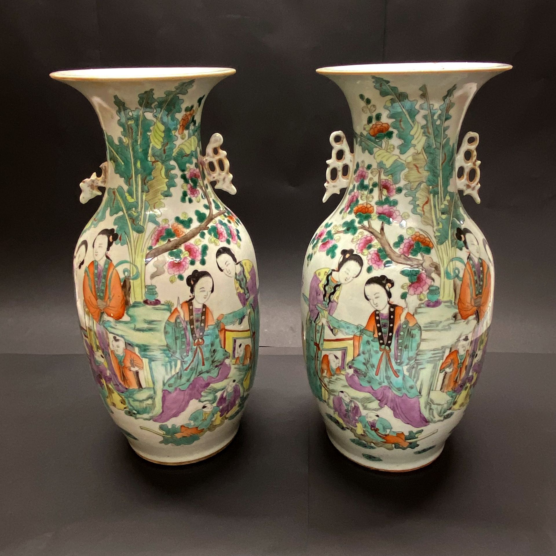 A pair of 19th/early 20thC Chinese hand painted porcelain vases. H. 43cm. (One repaired to rim) - Image 5 of 5