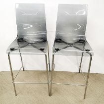 A pair of chrome and smoked perspex high chair/ bar stools, H. 113cm.