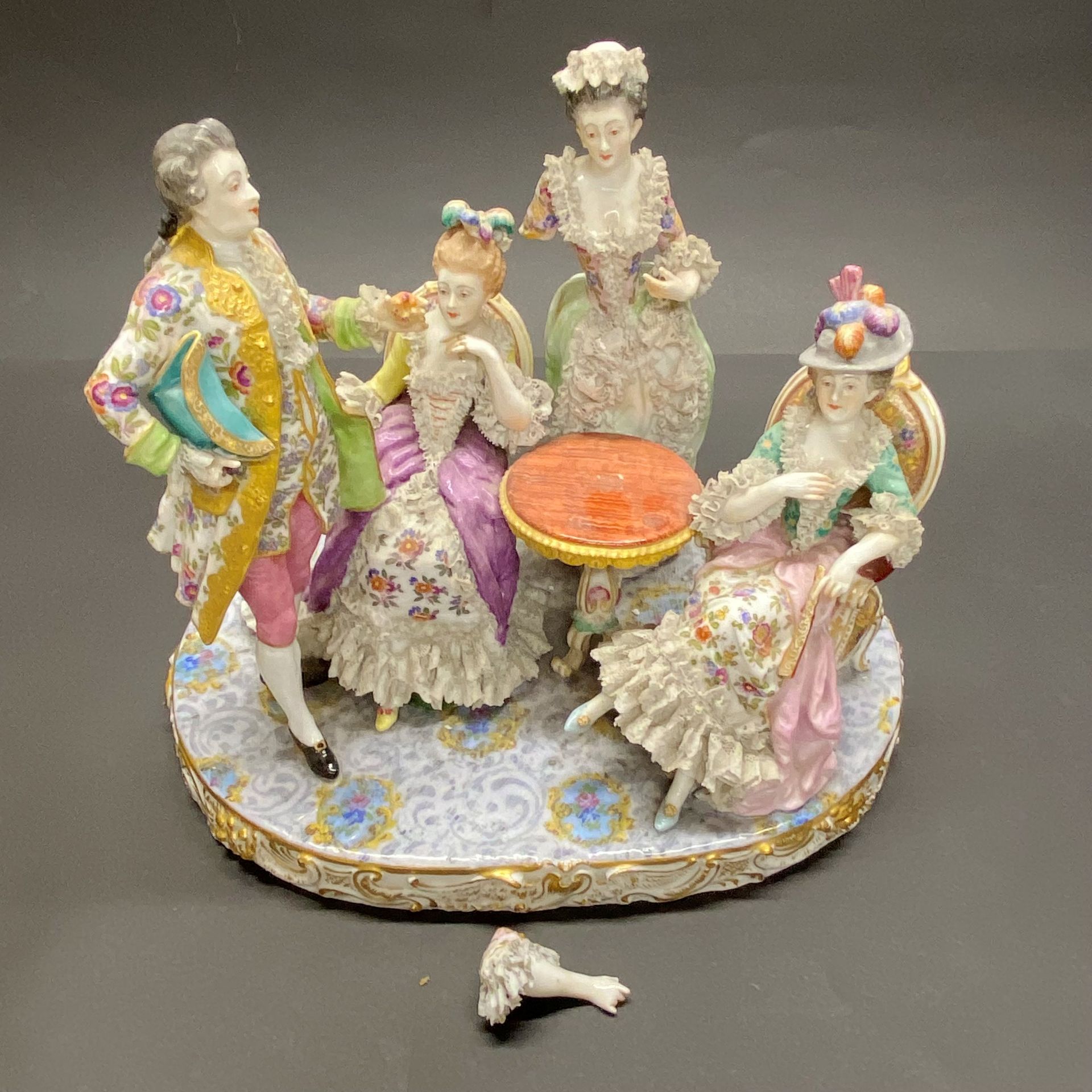 A 19thC German porcelain figure group. W. 29cm x H. 25cm (A/F) - Image 2 of 4