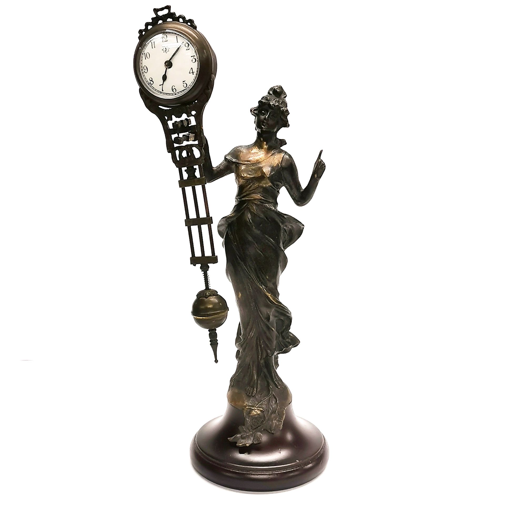 An Art Nouveau style bronze clock, H. 34cm.