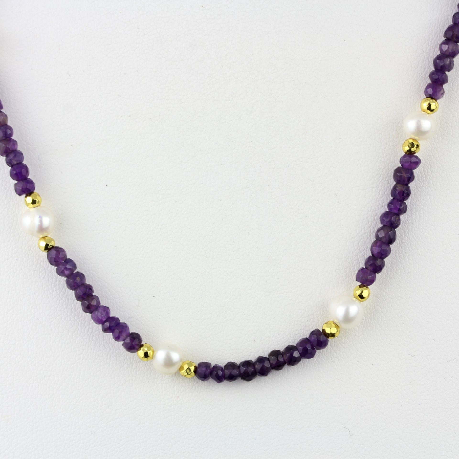 A gold on 925 silver amethyst bead and pearl set necklace, L. 44cm. - Image 3 of 3