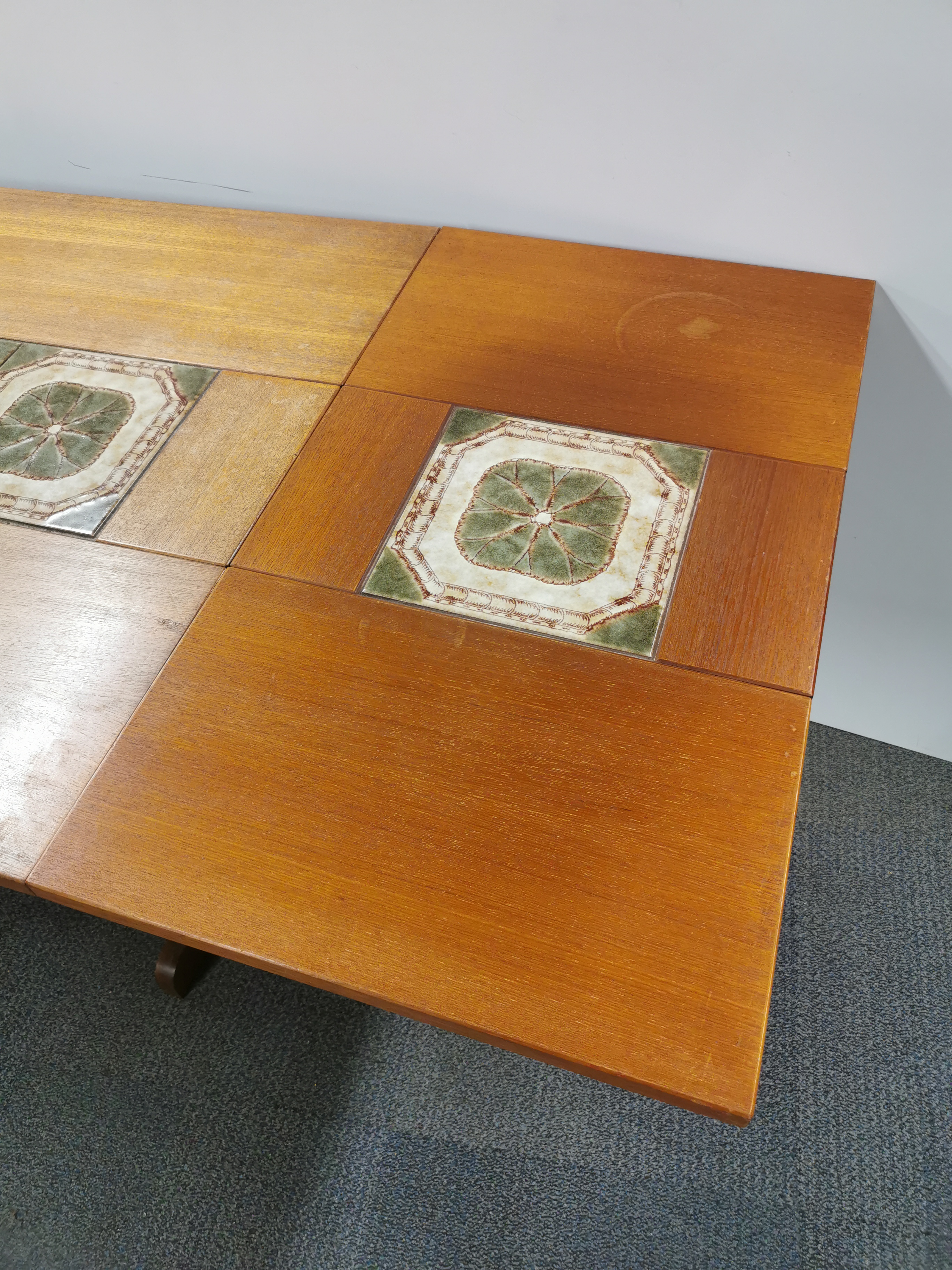 A 1970's tile topped teak drop leaf extending dining table, overall 255 x 87cm. - Image 5 of 7