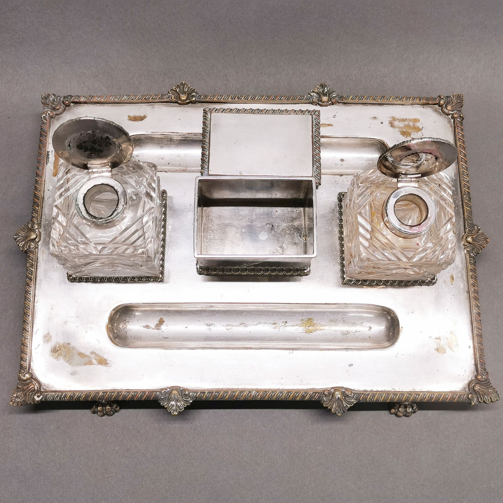 A 19th century silver plated and cut crystal desk stand, 35 x 25cm. - Image 2 of 2