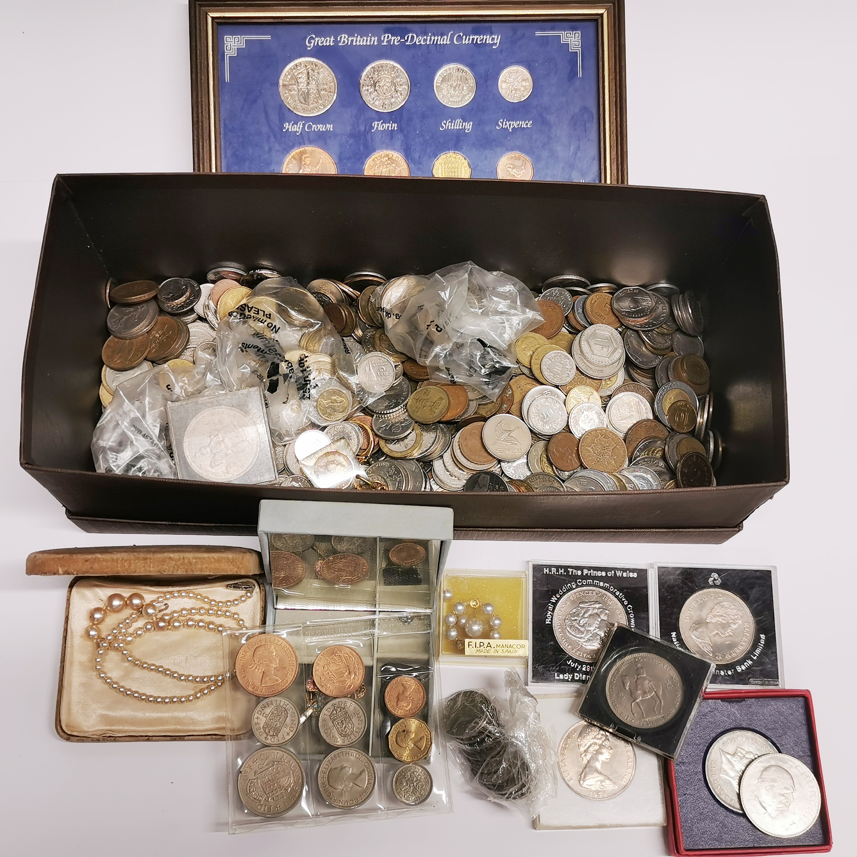 A box of mixed coins.