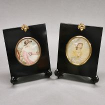 A pair of early 19thC framed miniature embroideries, frame size. 16.5 x 14cm.