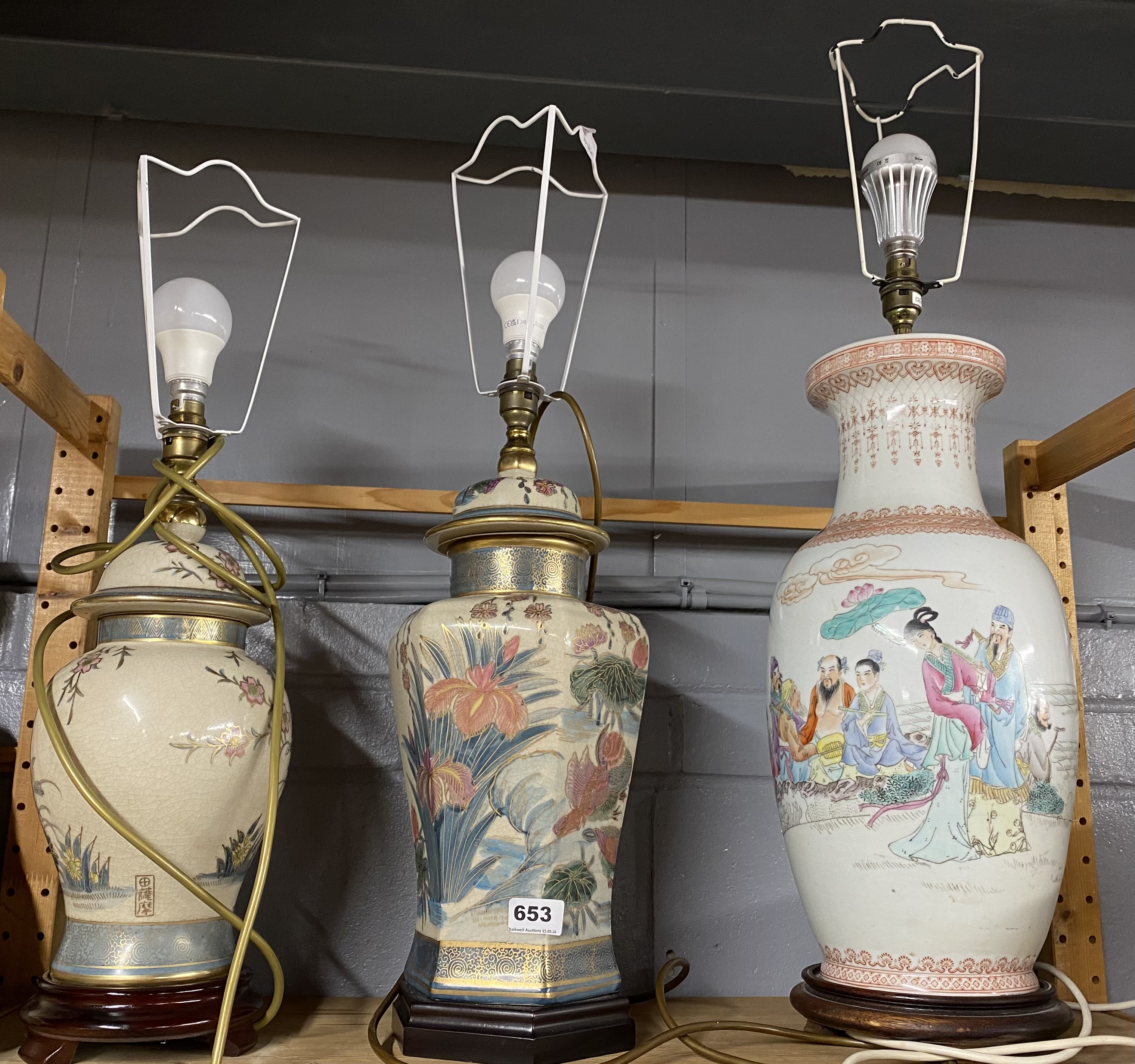 Three oriental ceramic table lamp bases, largest H. 78cm.