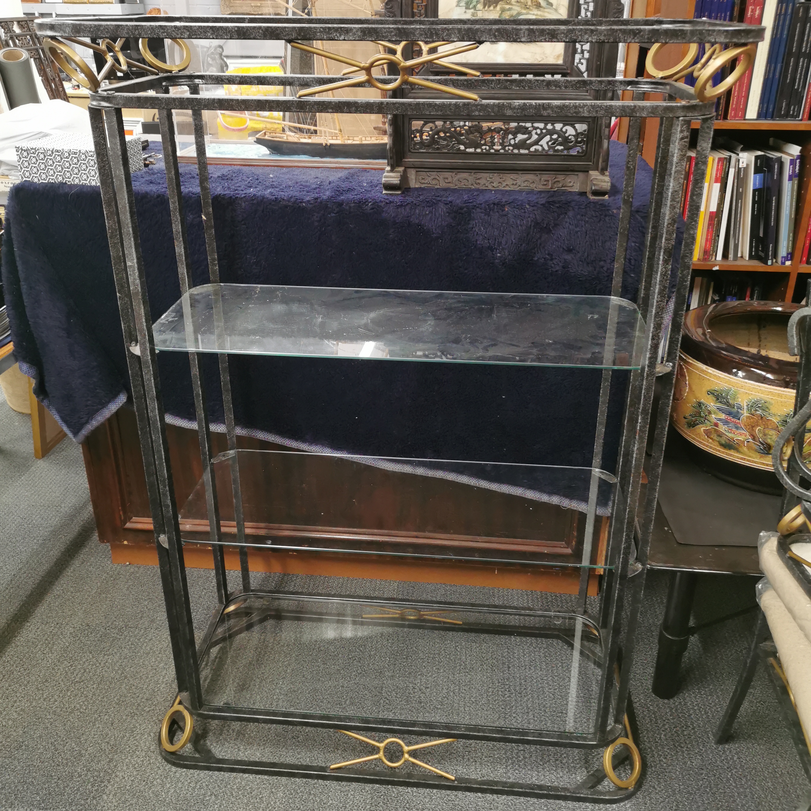 An interesting vintage wrought metal display stand and matching marble topped table and four - Image 4 of 7