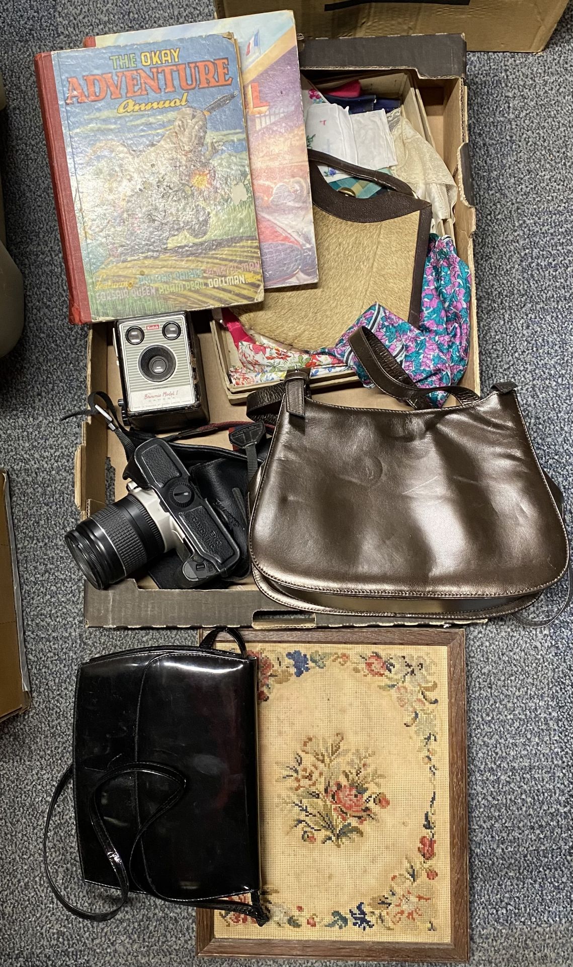 A box of mixed items including a Canon camera.