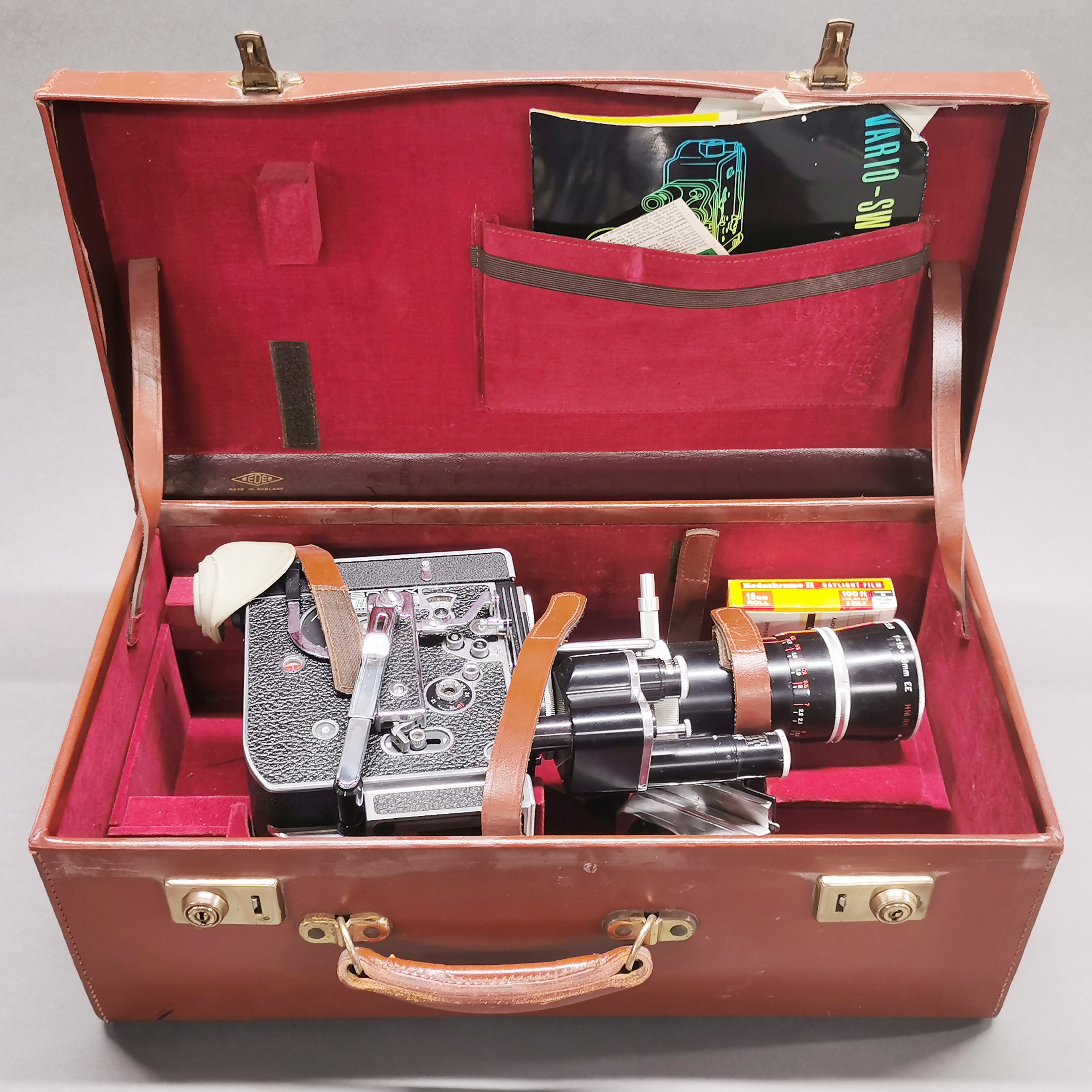 A leather cased Bolex 1966 H16 Rex 5 movie camera with Vario Switar 86EE lens.