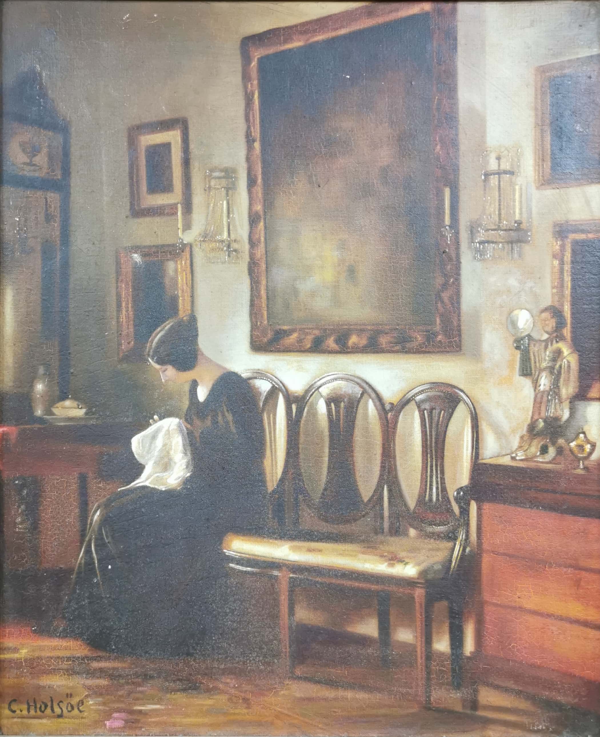 A gilt framed oil on canvas interior scene after C. Holsoe (1863-1935), frame size 68 x 77cm. - Image 2 of 4