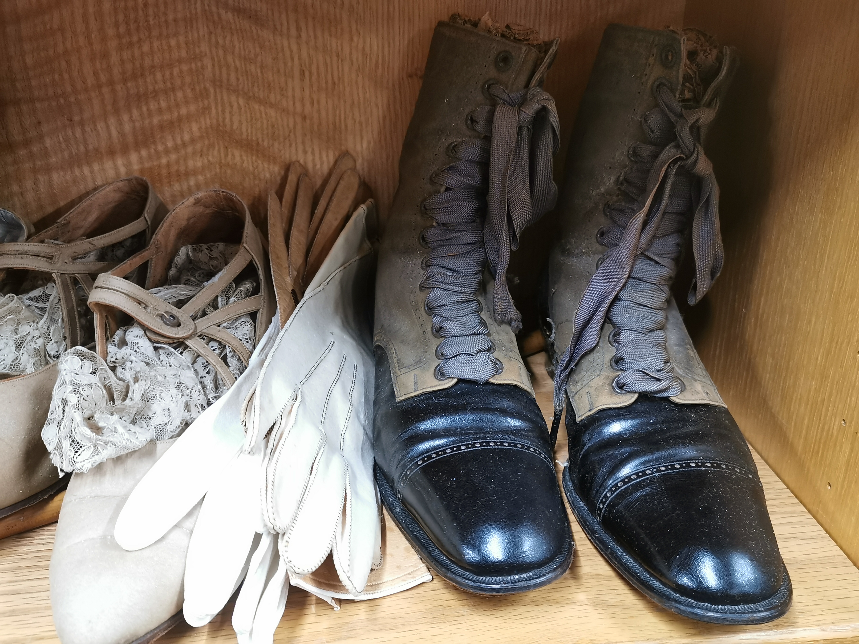 Three pairs of lady's antique shoes with leather gloves, handkerchief case and riding crop. - Image 2 of 3