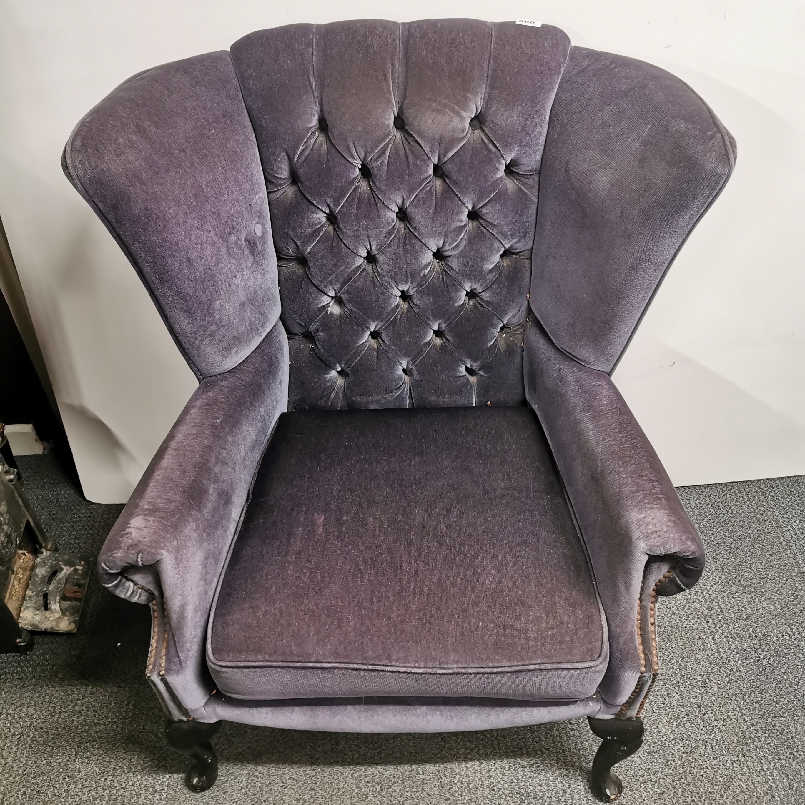A plum velvet upholstered wing backed armchair. - Image 2 of 2