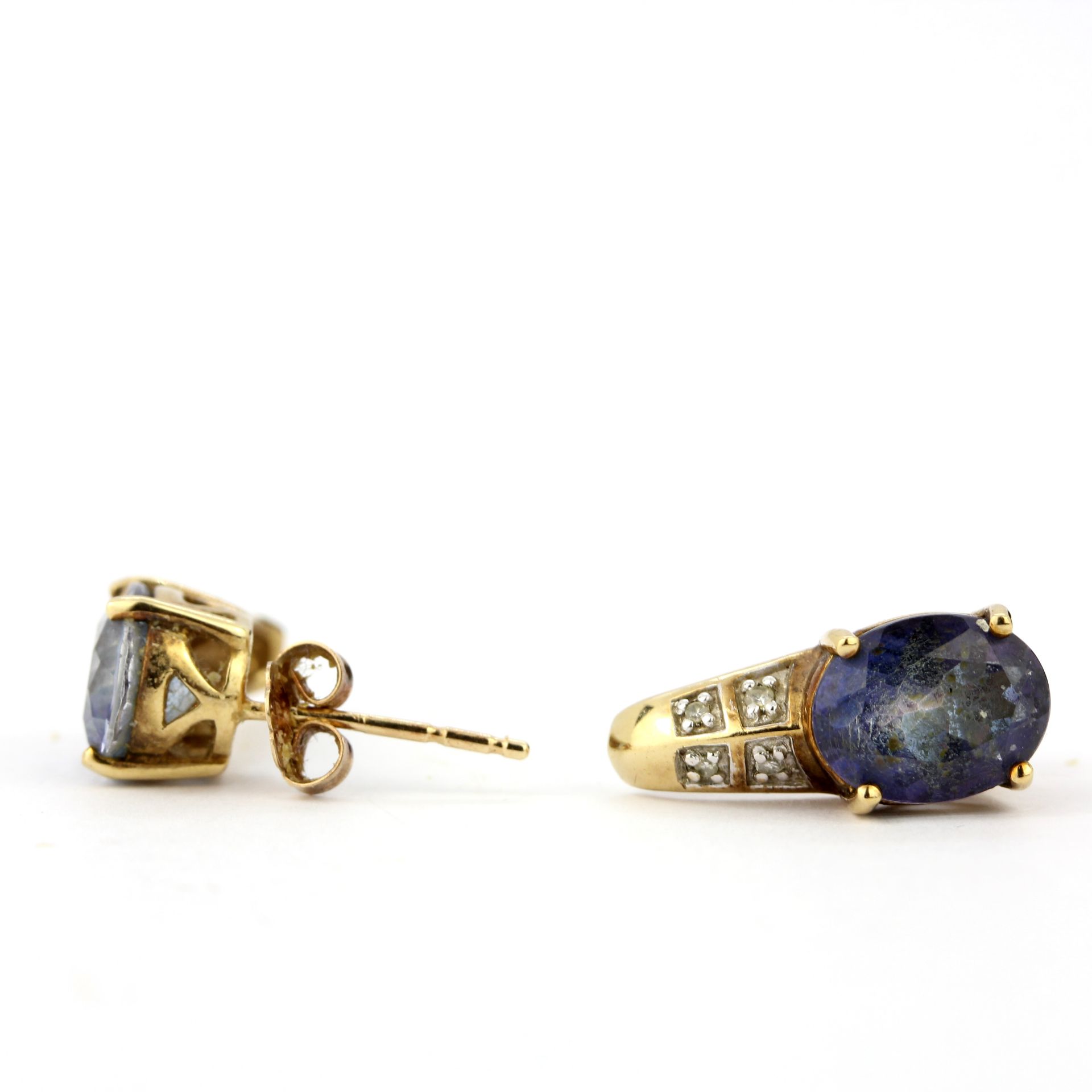 A pair of 9ct yellow gold earrings set with blue topaz and diamonds, L. 1.4cm. - Image 3 of 3