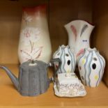 A group of 1950's/60's ceramic with a Britannia metal teapot, tallest H. 38cm.